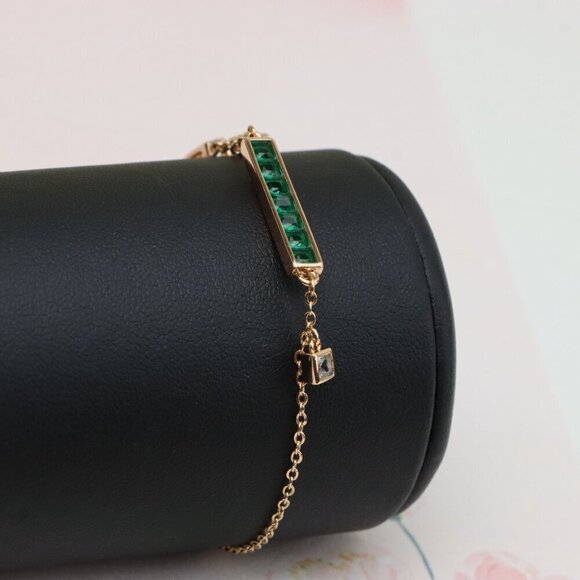 "Emerald Green Bar Charm Rose Gold Bracelet with CZ Accents, XPBL0806 - Picture 4 of 11
